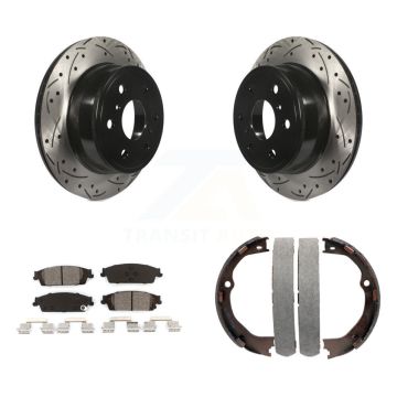 Rear Disc Drilled & Slotted Rotors Semi-Metallic Pads Parking Shoes Kit For GMC Chevrolet KDS-101329