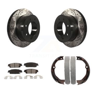 Rear Disc Drilled & Slotted Rotors Semi-Metallic Pads And Parking Brake Shoes Kit For KDS-101330