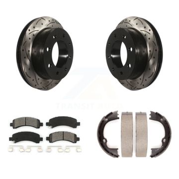Rear Disc Drilled & Slotted Rotors Semi-Metallic Pads Parking Shoes Kit For Chevrolet GMC KDS-101344