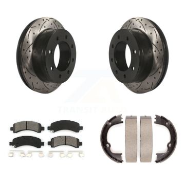 Rear Disc Drilled & Slotted Rotors Semi-Metallic Pads Parking Shoes Kit For GMC Chevrolet KDS-101345