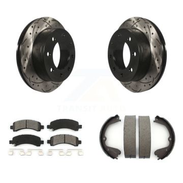Rear Disc Drilled & Slotted Rotors Semi-Metallic Pads And Parking Brake Shoes Kit For KDS-101347