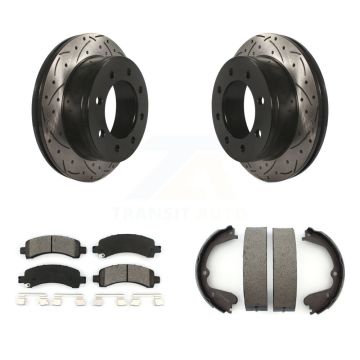 Rear Disc Drilled & Slotted Rotors Semi-Metallic Pads And Parking Brake Shoes Kit For KDS-101348