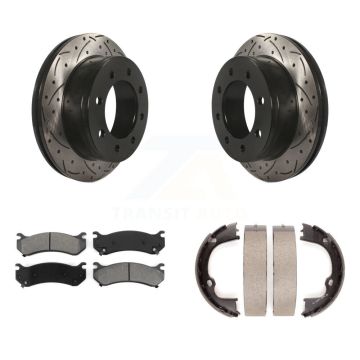 Rear Disc Drilled & Slotted Rotors Semi-Metallic Pads Parking Shoes Kit For GMC Chevrolet KDS-101349