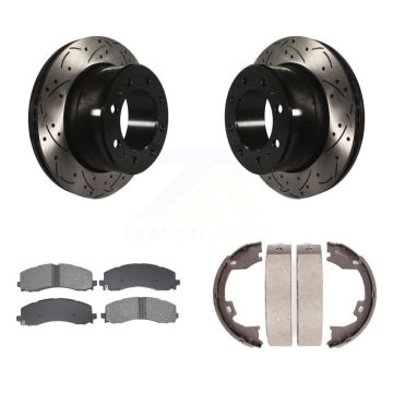 Rear Disc Drilled & Slotted Rotors Semi-Metallic Pads Parking Shoes Kit For Ram 2500 3500 KDS-101355