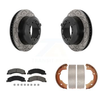 Rear Disc Drilled & Slotted Rotors Semi-Metallic Pads Parking Shoes Kit For Ram Dodge 45 KDS-101361