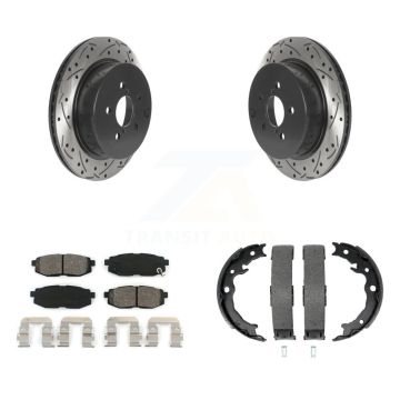 Rear Disc Drilled & Slotted Rotors Semi-Metallic Pads And Parking Brake Shoes Kit For KDS-101368
