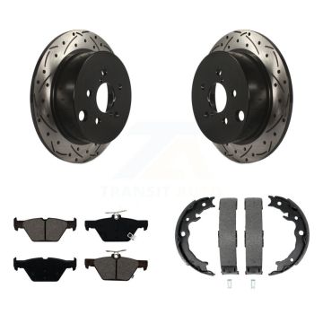 Rear Disc Drilled & Slotted Rotors Semi-Metallic Pads And Parking Brake Shoes Kit For KDS-101369