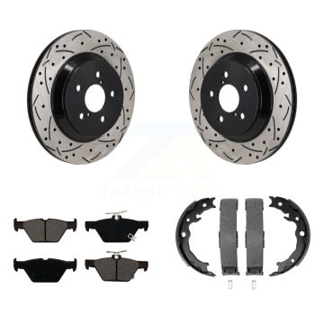 Rear Disc Drilled & Slotted Rotors Semi-Metallic Pads And Parking Brake Shoes Kit For KDS-101370