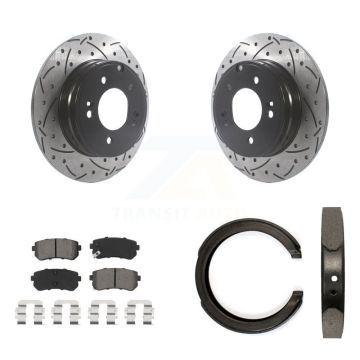 Rear Disc Drilled & Slotted Rotors Semi-Metallic Pads Parking Shoes Kit For Kia Optima KDS-101375