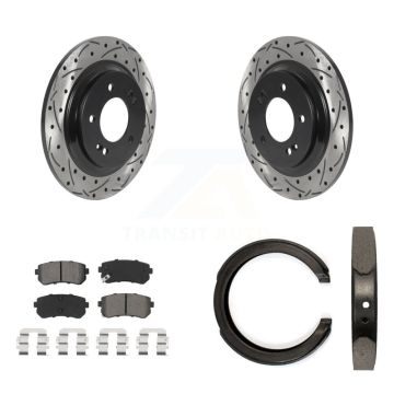 Rear Disc Drilled & Slotted Rotors Semi-Metallic Pads Parking Shoes Kit For Kia Optima KDS-101377