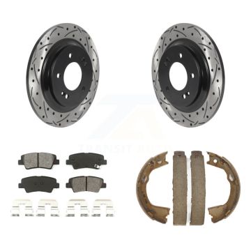 Rear Disc Drilled & Slotted Rotors Semi-Metallic Pads Parking Shoes Kit For Kia Optima KDS-101378