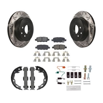 Rear Disc Drilled & Slotted Rotors Semi-Metallic Pads Parking Shoes And Hardware Kit For KDS-101390
