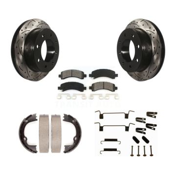 Rear Disc Drilled & Slotted Rotors Semi-Metallic Pads Parking Shoes Hardware Kit For GMC KDS-101391