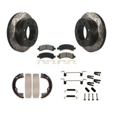 Rear Disc Drilled & Slotted Rotors Semi-Metallic Pads Parking Shoes Hardware Kit For GMC KDS-101392