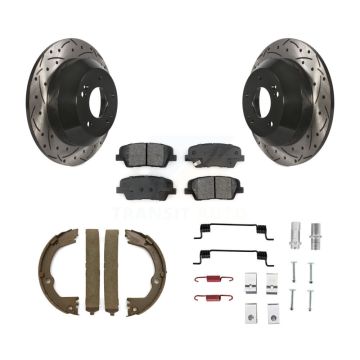 Rear Disc Drilled & Slotted Rotors Semi-Metallic Pads Parking Shoes And Hardware Kit For KDS-101400