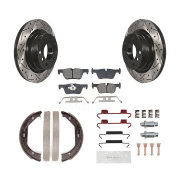 Rear Disc Drilled & Slotted Rotors Semi-Metallic Pads Parking Shoes And Hardware Kit For KDS-101403