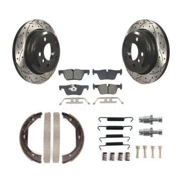 Rear Disc Drilled & Slotted Rotors Semi-Metallic Pads Parking Shoes Hardware Kit For BMW KDS-101407