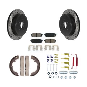 Rear Disc Drilled & Slotted Rotors Semi-Metallic Pads Parking Shoes And Hardware Kit For KDS-101413