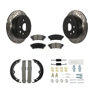 Rear Disc Drilled & Slotted Rotors Semi-Metallic Pads Parking Shoes And Hardware Kit For KDS-101416