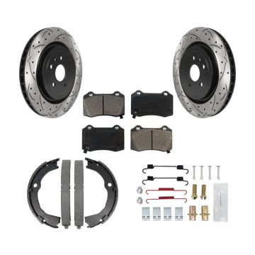 Rear Disc Drilled & Slotted Rotors Semi-Metallic Pads Parking Shoes Hardware Kit For CTS KDS-101422