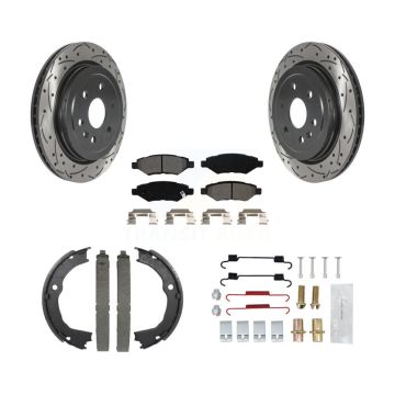 Rear Disc Drilled & Slotted Rotors Semi-Metallic Pads Parking Shoes And Hardware Kit For KDS-101424
