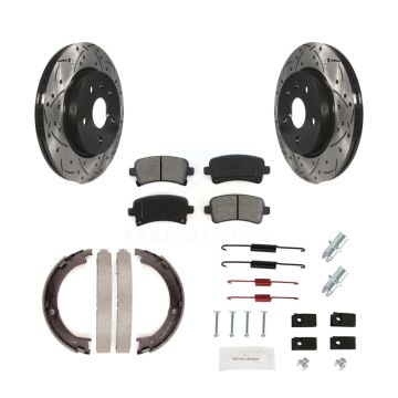 Rear Disc Drilled & Slotted Rotors Semi-Metallic Pads Parking Shoes And Hardware Kit For KDS-101436