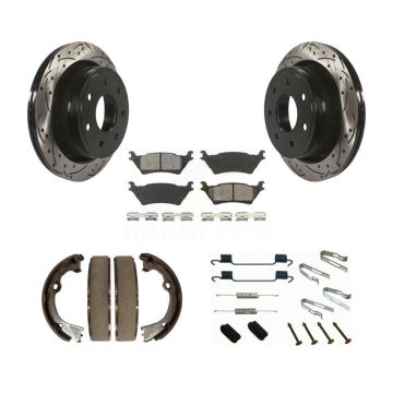 Rear Disc Drilled & Slotted Rotors Semi-Metallic Pads Parking Shoes And Hardware Kit For KDS-101439