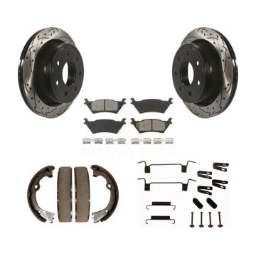 Rear Disc Drilled & Slotted Rotors Semi-Metallic Pads Parking Shoes And Hardware Kit For KDS-101441