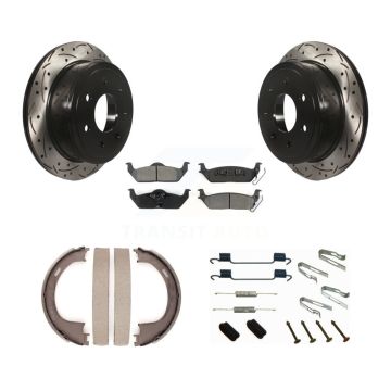 Rear Disc Drilled & Slotted Rotors Semi-Metallic Pads Parking Shoes Hardware Kit For Ford KDS-101444