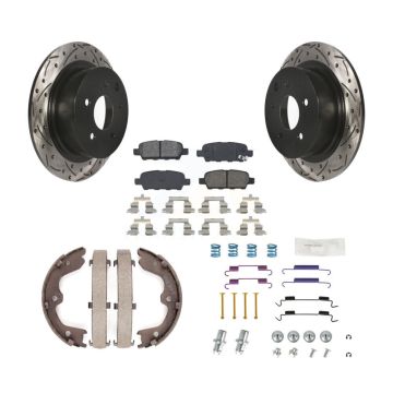 Rear Disc Drilled & Slotted Rotors Semi-Metallic Pads Parking Shoes And Hardware Kit For KDS-101465