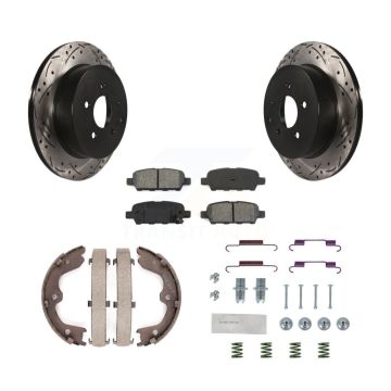 Rear Disc Drilled & Slotted Rotors Semi-Metallic Pads Parking Shoes Hardware Kit For FX35 KDS-101468