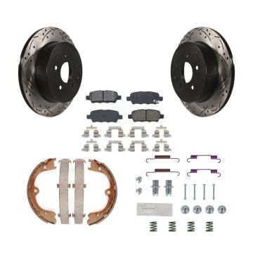Rear Disc Drilled & Slotted Rotors Semi-Metallic Pads Parking Shoes Hardware Kit For FX35 KDS-101470