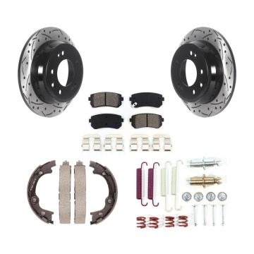 Rear Disc Drilled & Slotted Rotors Semi-Metallic Pads Parking Shoes And Hardware Kit For KDS-101472