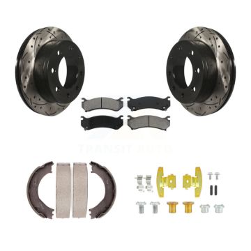 Rear Disc Drilled & Slotted Rotors Semi-Metallic Pads Parking Shoes Hardware Kit For GMC KDS-101475
