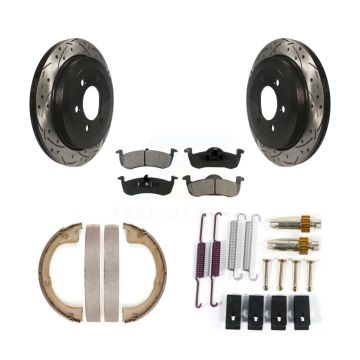 Rear Disc Drilled & Slotted Rotors Semi-Metallic Pads Parking Shoes Hardware Kit For Ford KDS-101483
