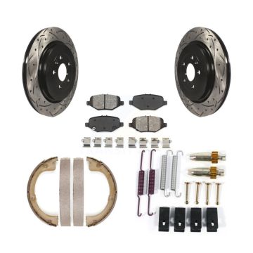 Rear Disc Drilled & Slotted Rotors Semi-Metallic Pads Parking Shoes And Hardware Kit For KDS-101485