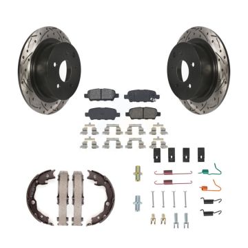 Rear Disc Drilled & Slotted Rotors Semi-Metallic Pads Parking Shoes Hardware Kit For Juke KDS-101499