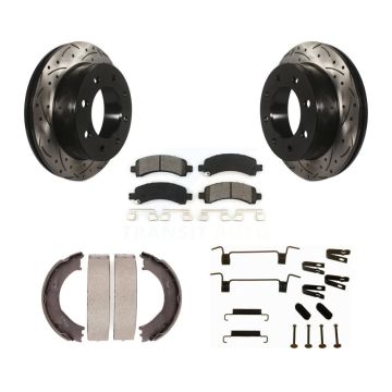 Rear Disc Drilled & Slotted Rotors Semi-Metallic Pads Parking Shoes Hardware Kit For 3500 KDS-101507