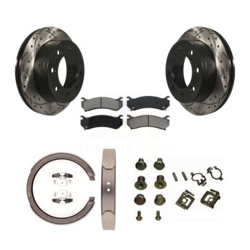 Rear Disc Drilled & Slotted Rotors Semi-Metallic Pads Parking Shoes Hardware Kit For GMC KDS-101510