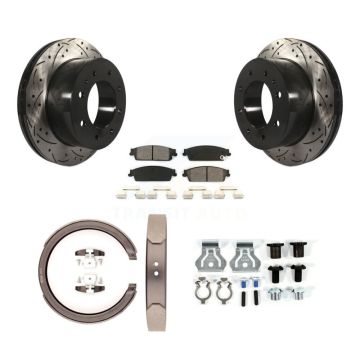 Rear Disc Drilled & Slotted Rotors Semi-Metallic Pads Parking Shoes And Hardware Kit For KDS-101514