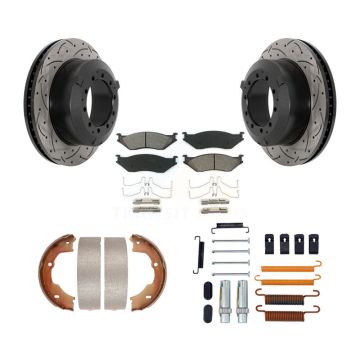 Rear Disc Drilled & Slotted Rotors Semi-Metallic Pads Parking Shoes Hardware Kit For Ford KDS-101520