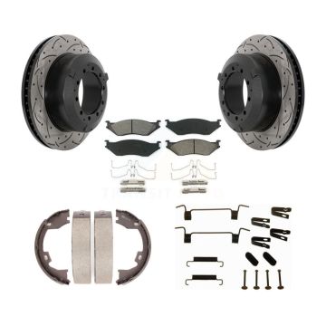 Rear Disc Drilled & Slotted Rotors Semi-Metallic Pads Parking Shoes Hardware Kit For Ford KDS-101523