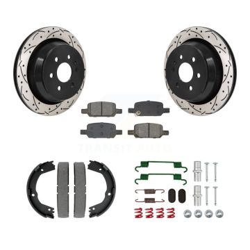Rear Disc Drilled & Slotted Rotors Semi-Metallic Pads Parking Shoes Hardware Kit For GMC KDS-101526