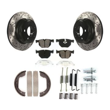 Rear Disc Drilled & Slotted Rotors Semi-Metallic Pads Parking Shoes Hardware Kit For BMW KDS-101528