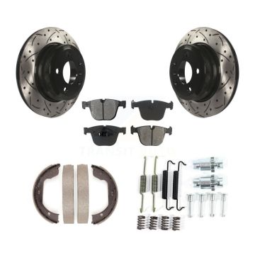 Rear Disc Drilled & Slotted Rotors Semi-Metallic Pads Parking Shoes And Hardware Kit For KDS-101529
