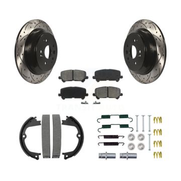 Rear Disc Drilled & Slotted Rotors Semi-Metallic Pads Parking Shoes And Hardware Kit For KDS-101532