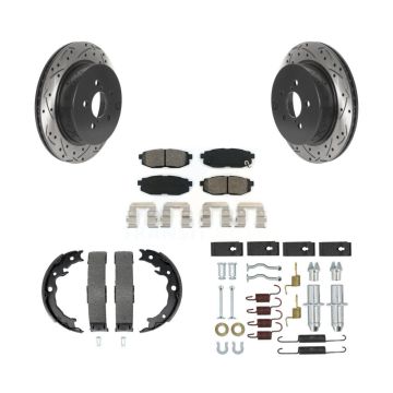 Rear Disc Drilled & Slotted Rotors Semi-Metallic Pads Parking Shoes And Hardware Kit For KDS-101540