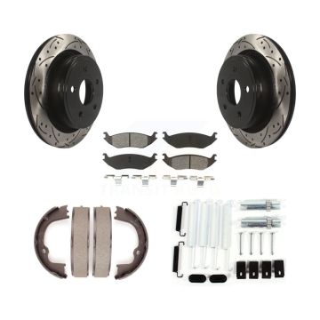 Rear Disc Drilled & Slotted Rotors Semi-Metallic Pads Parking Shoes Hardware Kit For Ram KDS-101544