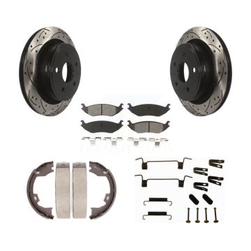 Rear Disc Drilled & Slotted Rotors Semi-Metallic Pads Parking Shoes And Hardware Kit For KDS-101547