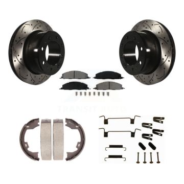 Rear Disc Drilled & Slotted Rotors Semi-Metallic Pads Parking Shoes Hardware Kit For Ram KDS-101550